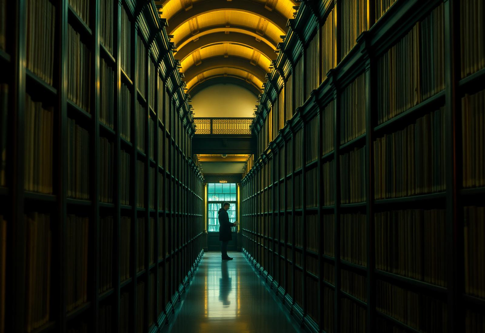 Long archival corridor of library stacks